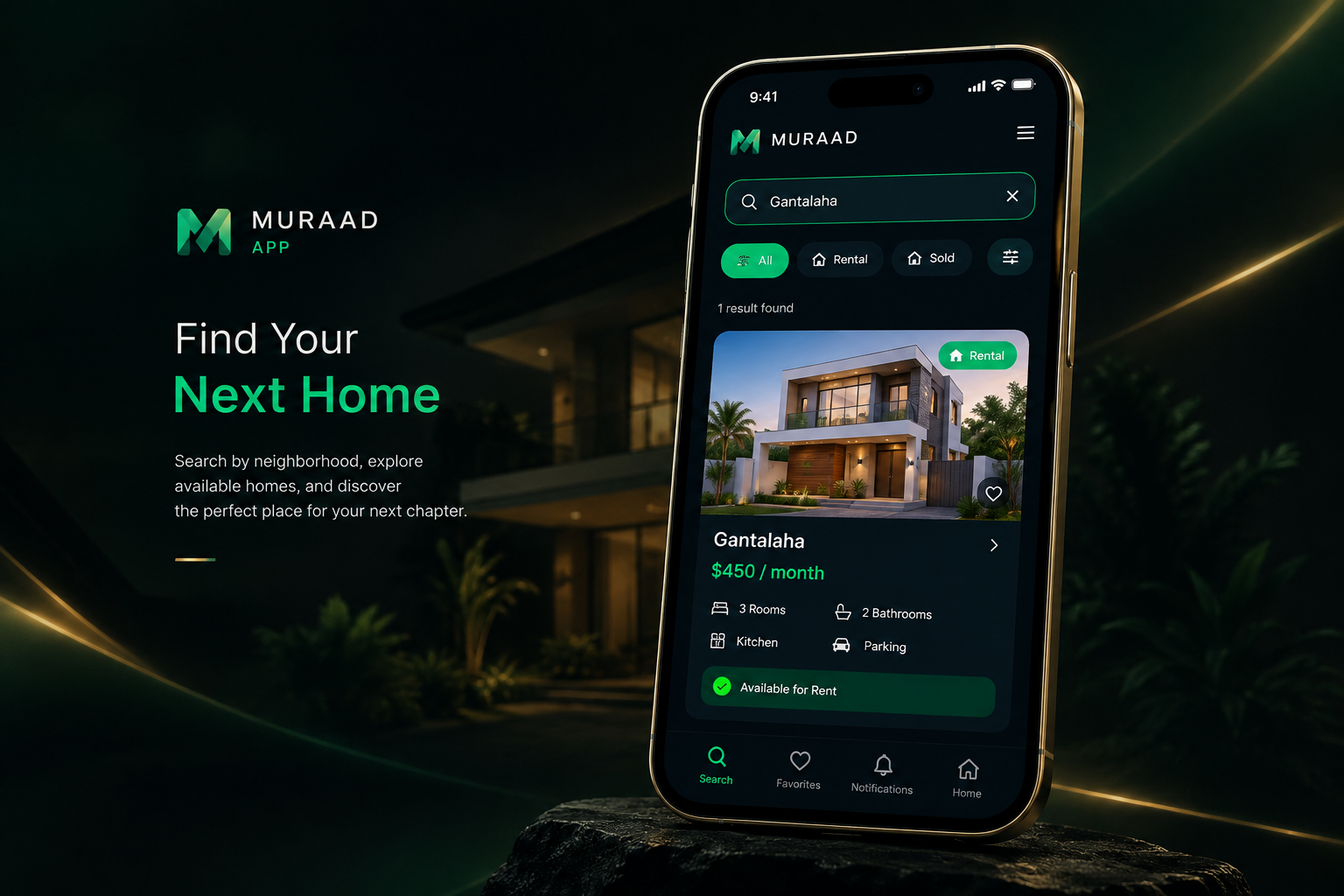 Muraad App search experience showing a home in Gantalaha